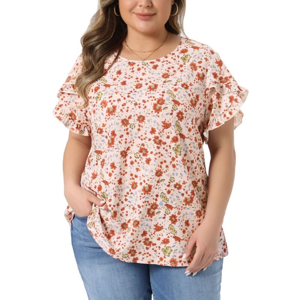 Women Plus Size Tulip Sleeve Crew Neck Floral Tops Pink